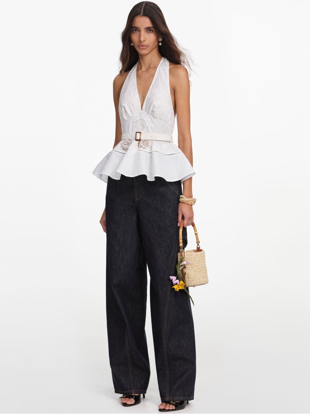 NWOT Self-Portrait white linen peplum top - Picture 2 of 7